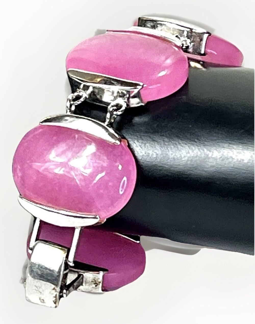 Large Sterling Silver 925 Bracelet Pink Rose Quartz Oval Cabochon Stones- 72.8g